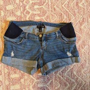 Indigo Blue Maternity jean shorts underbelly fit with side panels